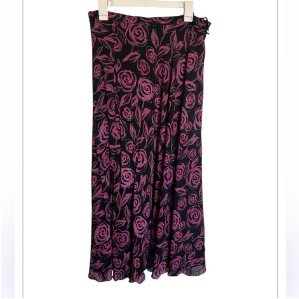 Jones New York Black Pink Floral Silk Maxi Skirt | Rose Print | Flowy A-Line